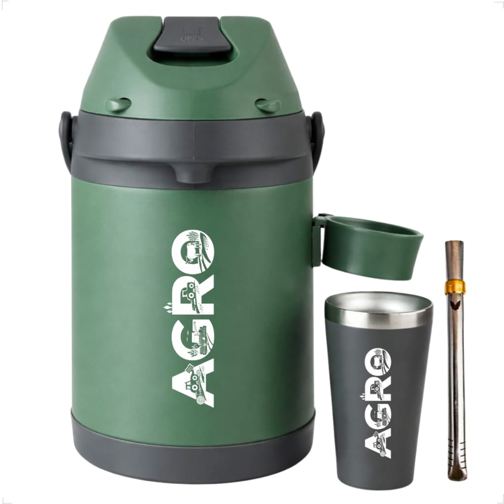 Kit Terere 3x1 Chacal Garrafa Térmica 2,5 Litros Suporte Copo Térmico 200ml Bicolor Verde Agro