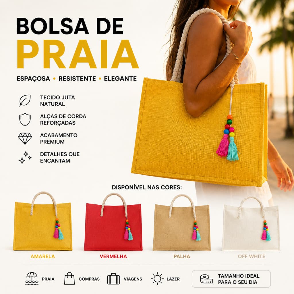 Bolsa de Praia em Juta com Alça Corda Reforçada Grande Feminina Sacola Praia Compras Viagem