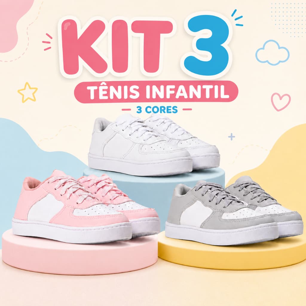KIT 3 PARES Tênis Infantil Branco Escolar Confortável Leve Meninos e Meninas 26 ao 33 Envio Rápido