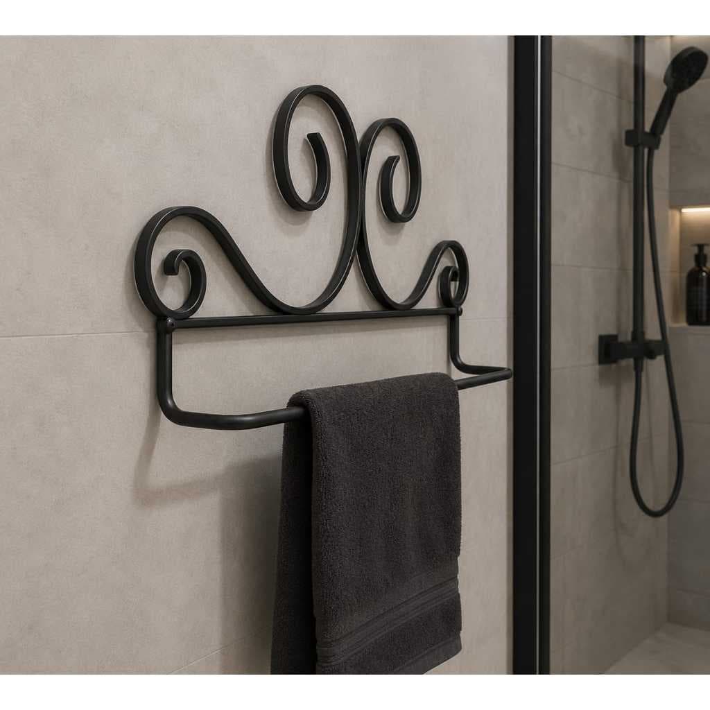 Porta Toalha De Banheiro De Parede Ferro Rústico Arabesco Retrô Preto Suporte Toalheiro Elegante