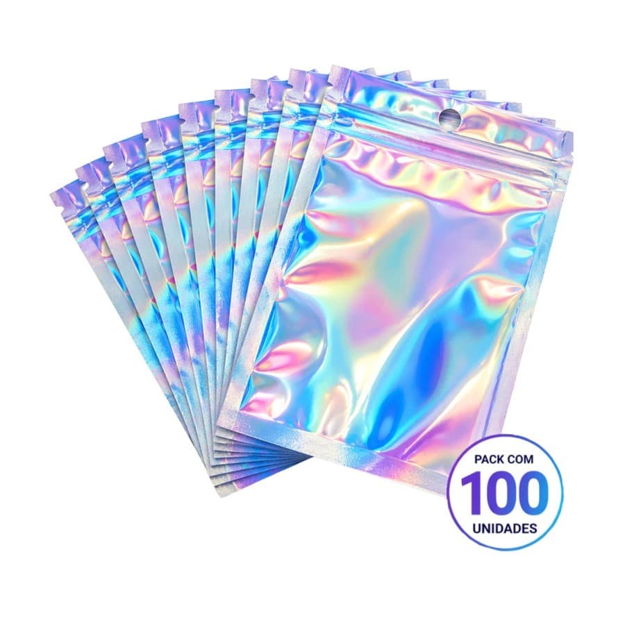 100 Unidades Saquinhos Plásticos Holográficos com Fecho Zip Lock