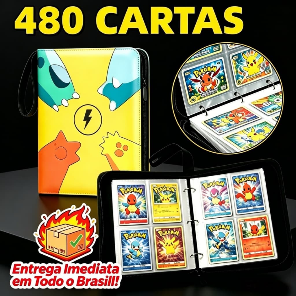 Album Pasta Fichario Oficial Pokémon TCG Album Porta Cartas 480 Cartas Impermeável Organizador Zíper