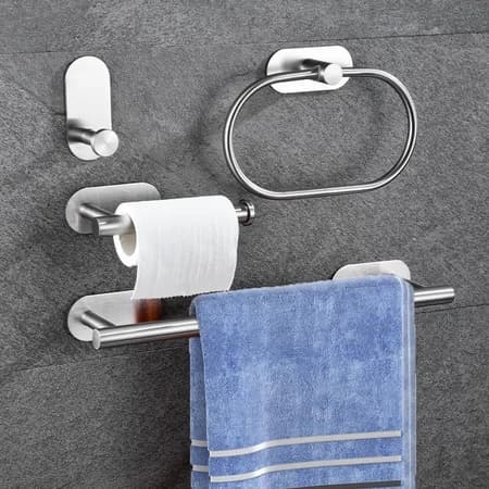 Kit Acessórios Banheiro Inox 304 Autoadesivo Toalheiros Papeleira 4 Peças