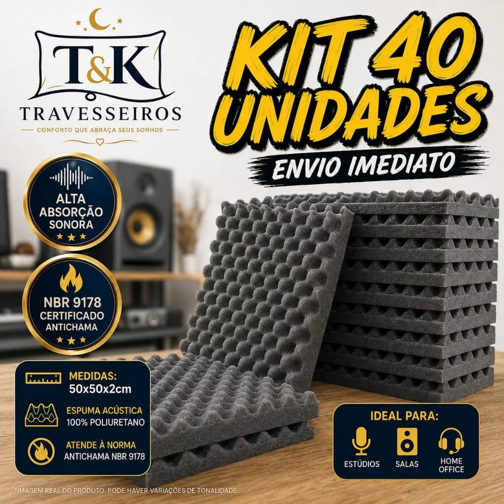 Kit 40 Placas Acústicas Espuma 50x50x2cm Antirruído Isolamento Parede Estúdio Antichama