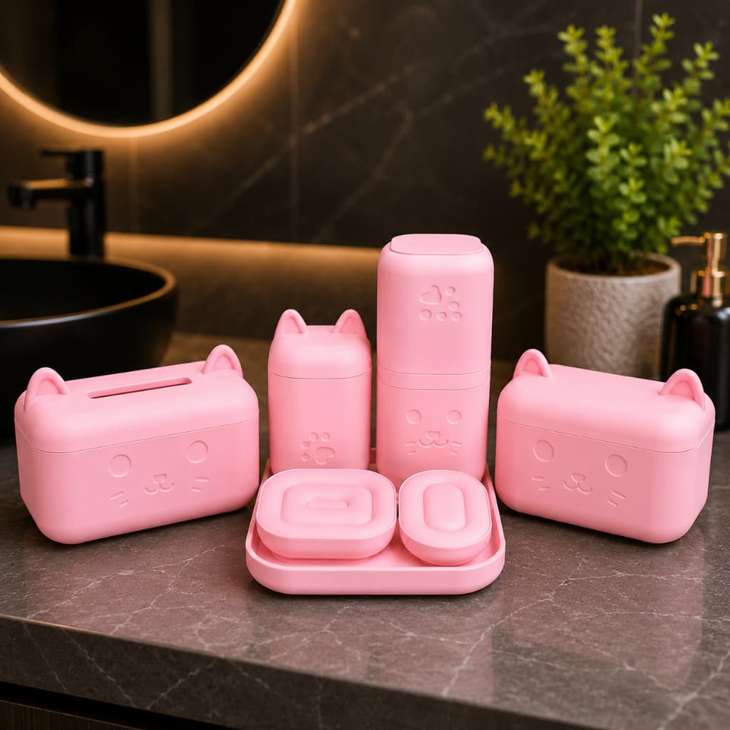 Kit Organizador Premium Lavabo Gatinho 8 Peças Decoração Banheiro Completo