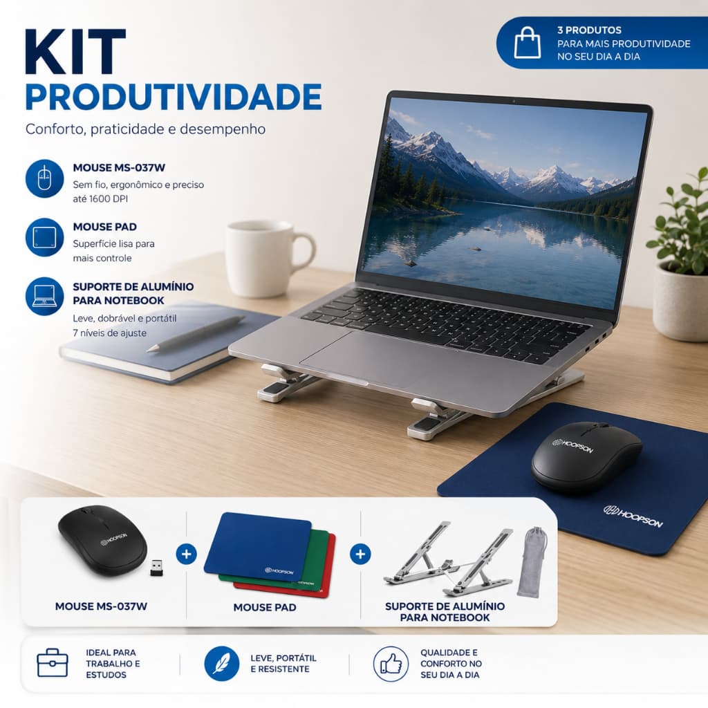 3 em 1 – Mouse Sem Fio MS-037W + Mouse Pad + Suporte de Alumínio para Notebook