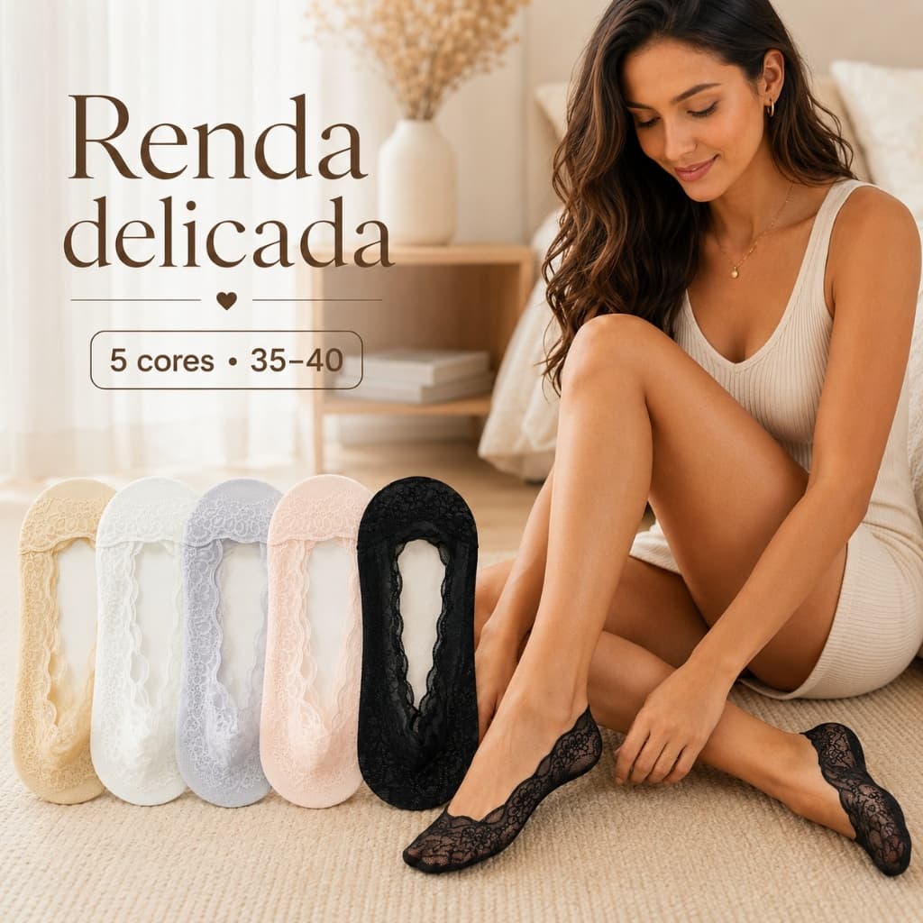 Kit 6 Pares Meia Invisível Feminina Renda Sapatilha Macia