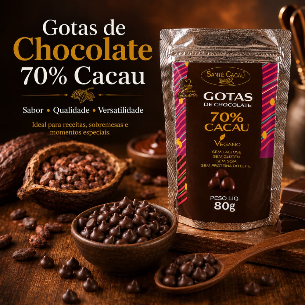 Gotas de Chocolate 70% Cacau, Vegano, sem Lactose, sem Glúten, sem Soja e sem Proteina de Leite, 80g