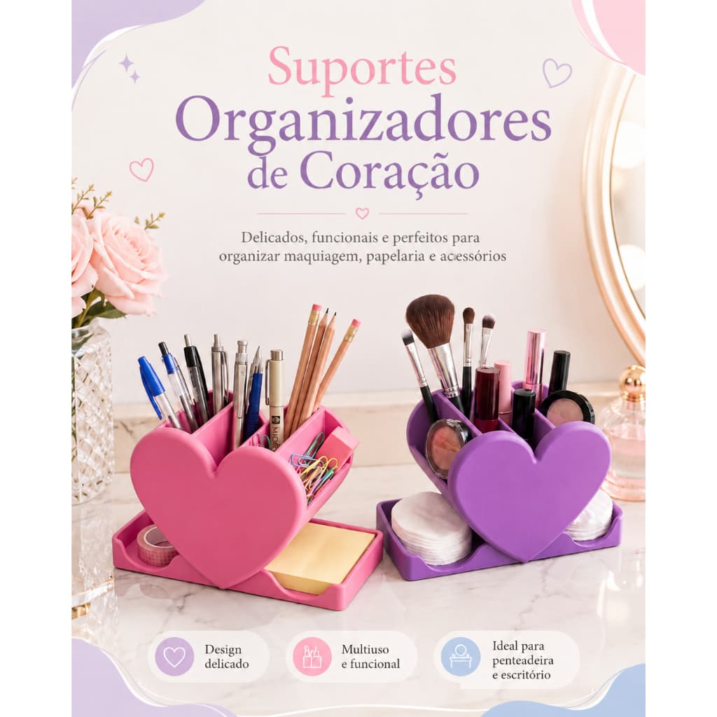 Organizador LoveStatio em formato coração I Porta maquiagem e papelaria