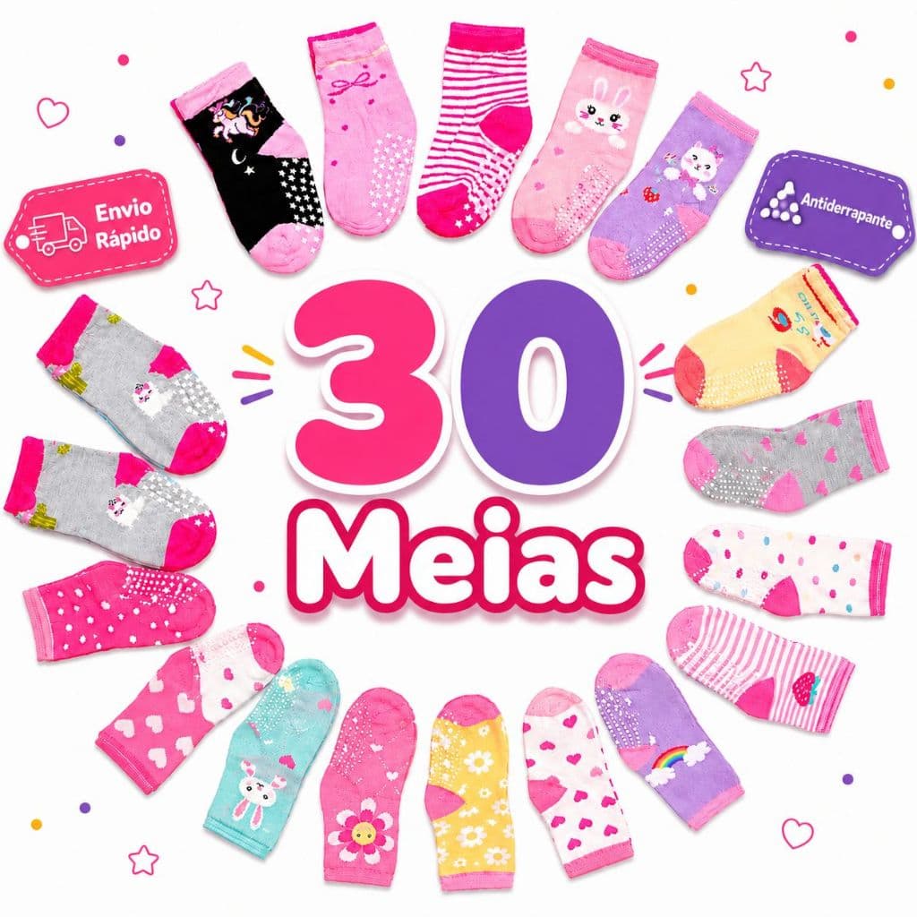 Kit De 30 Meias Infantil Menina Bebê Antiderrapante Coloridas Estampas Sortidas Confortável E Macias