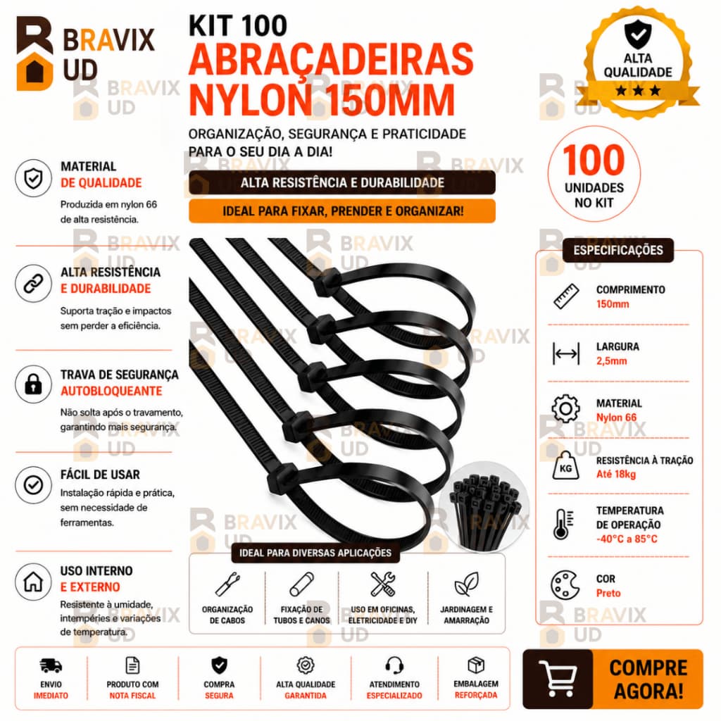 Kit 100 Cintas Plásticas Abraçadeira Nylon 150MM Enforca Gato Preto