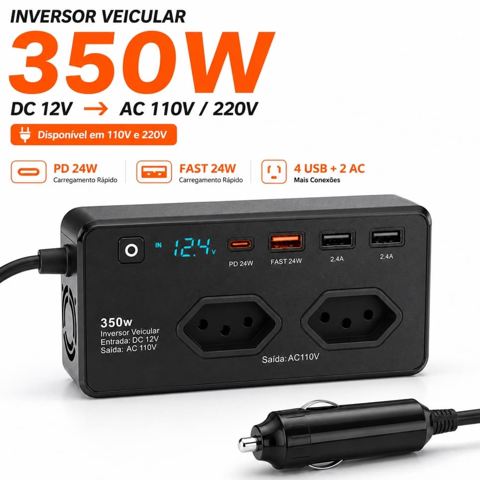 Inversor 350W 12V para 110V USB Turbo + USB-C Inversor Veicular IF-378