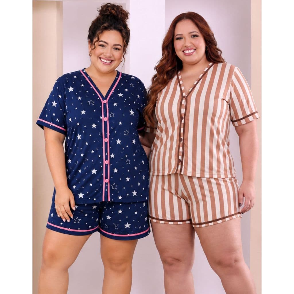 Kit 2 Pijamas Feminino Plus Size Blogueirinha sem Gola com Botão Funcional Leve Fresco e COnfortavel