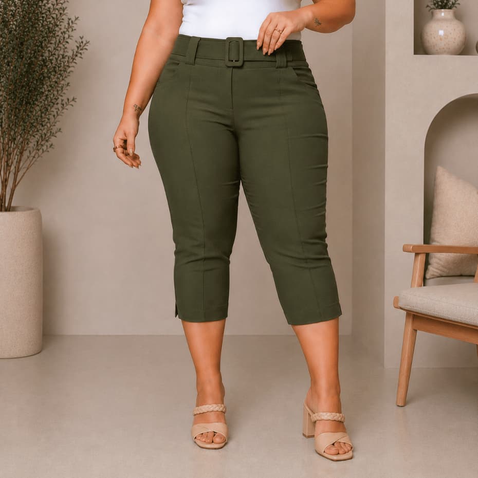 Calça Capri Plus Size Feminina Tecido Bengaline Com Cinto Fivela Social  Cintura Alta Alfaiataria 42 ao 52