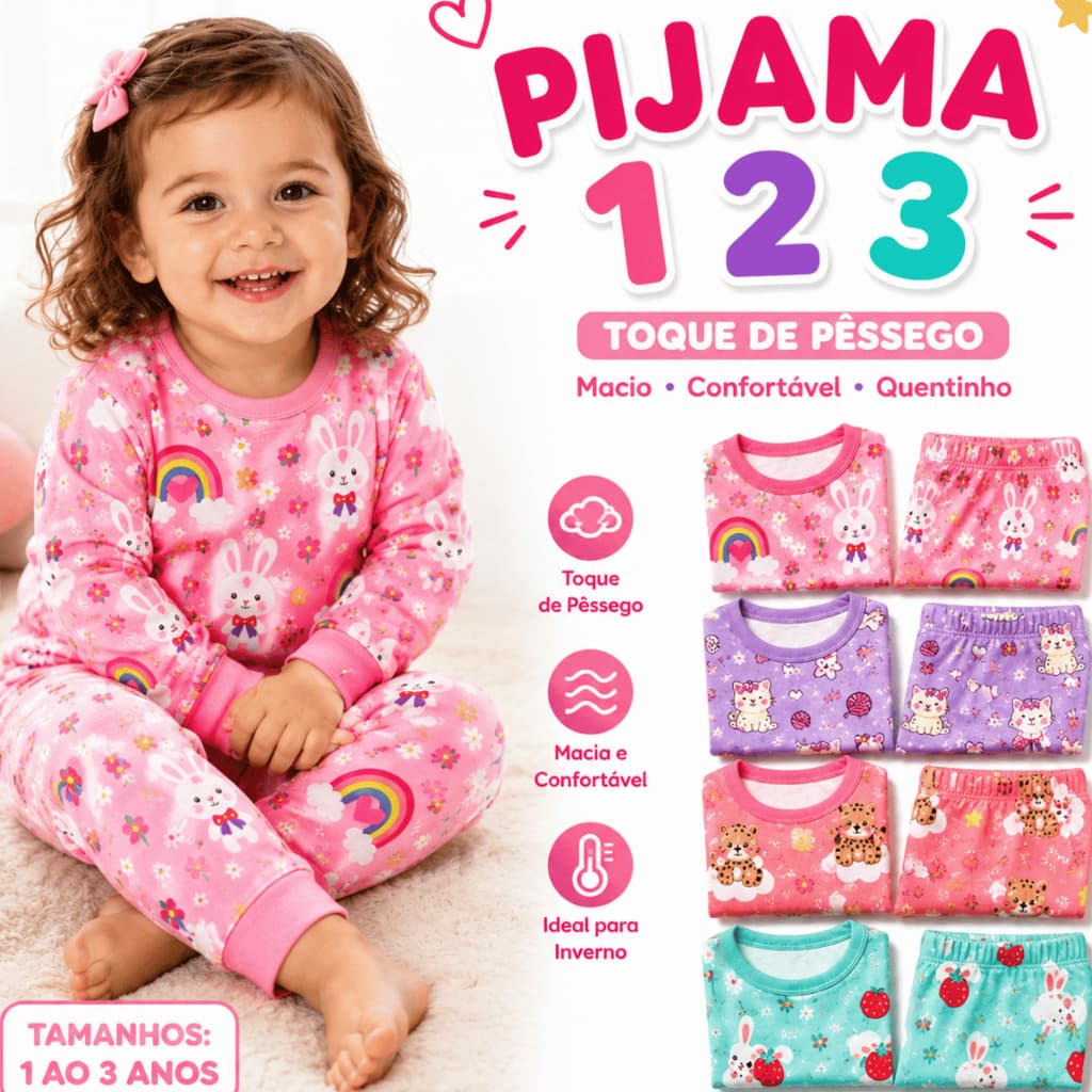 Kit 4 Peças Pijama Infantil Bebê Menina Toque de Pêssego Manga Comprida Quentinho Conjunto Térmico Inverno 1 ao 3