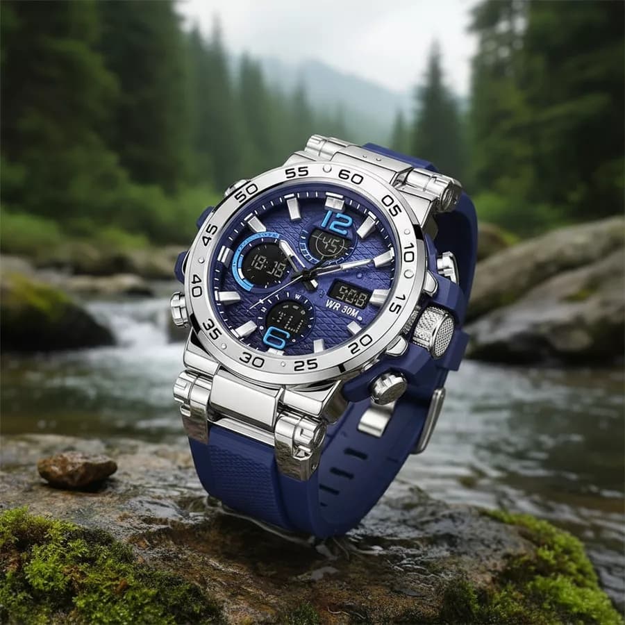 Relógio Digital Masculino, Esportivo, Luz LED, À Prova D'água, Display Duplo, Pulseira de Silicone