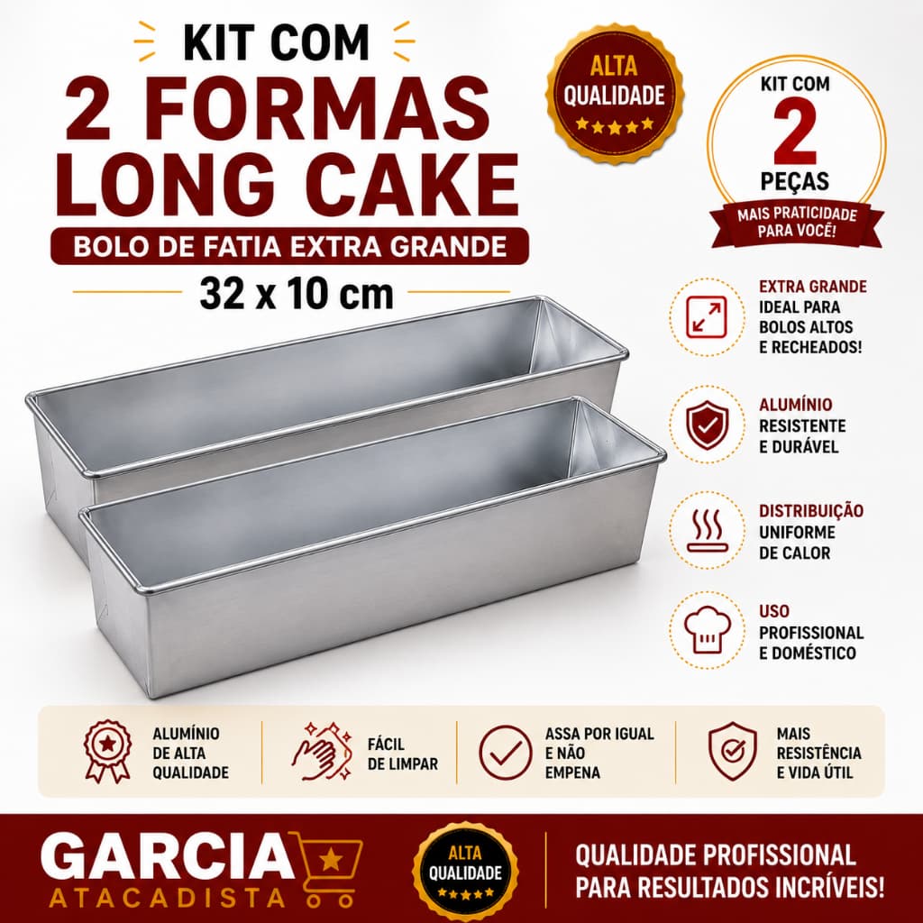 KIT 2 FORMAS BOLO DE FATIA LONG CAKE EXTRA GRANDE EM ALUMÍNIO PROFISSIONAL 32CM