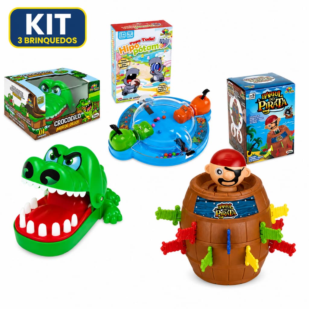 Hipopótamo Papa Bolinhas + Barril Pula Pirata Com16 Adagas colorida + Crocodilo Jacaré Morde Dedo