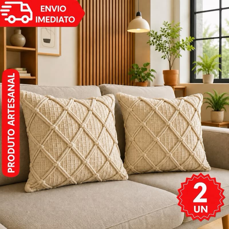 Kit 2 UN Capas de Almofadas Algodão Decorativas Boho Chic Trance Pompom  Artesanal Rustica Sala Sofá