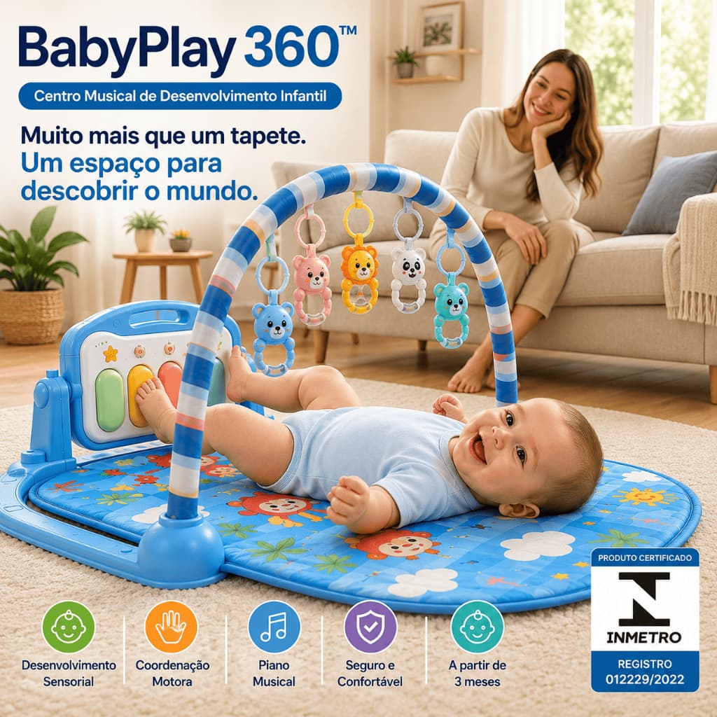 BabyPlay 360™ | Tapete Bebê de Atividades Musical com Piano Interativo Azul | Centro de Atividades Infantil com Piano