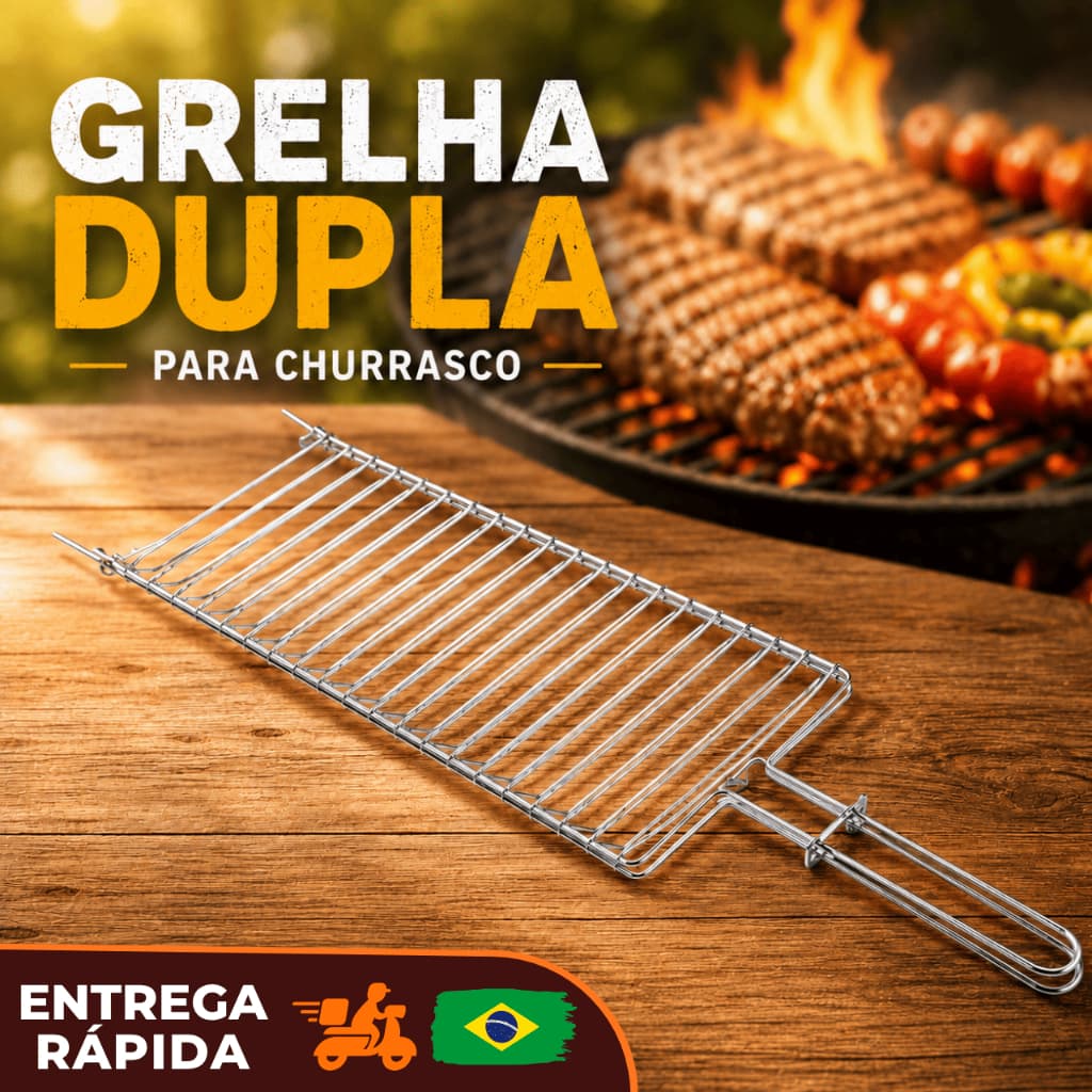 Grelha Dupla Abaulada 50 x 20 Aço Cromado Churrasco Peixe Frango Linguiça Aço Abre e Fecha