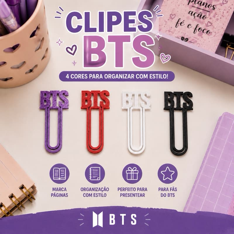 Clipes de Papel BTS Personalizados Coloridos (Roxo, Vermelho, Branco e Preto) - Marcador de Página / Papelaria Criativa