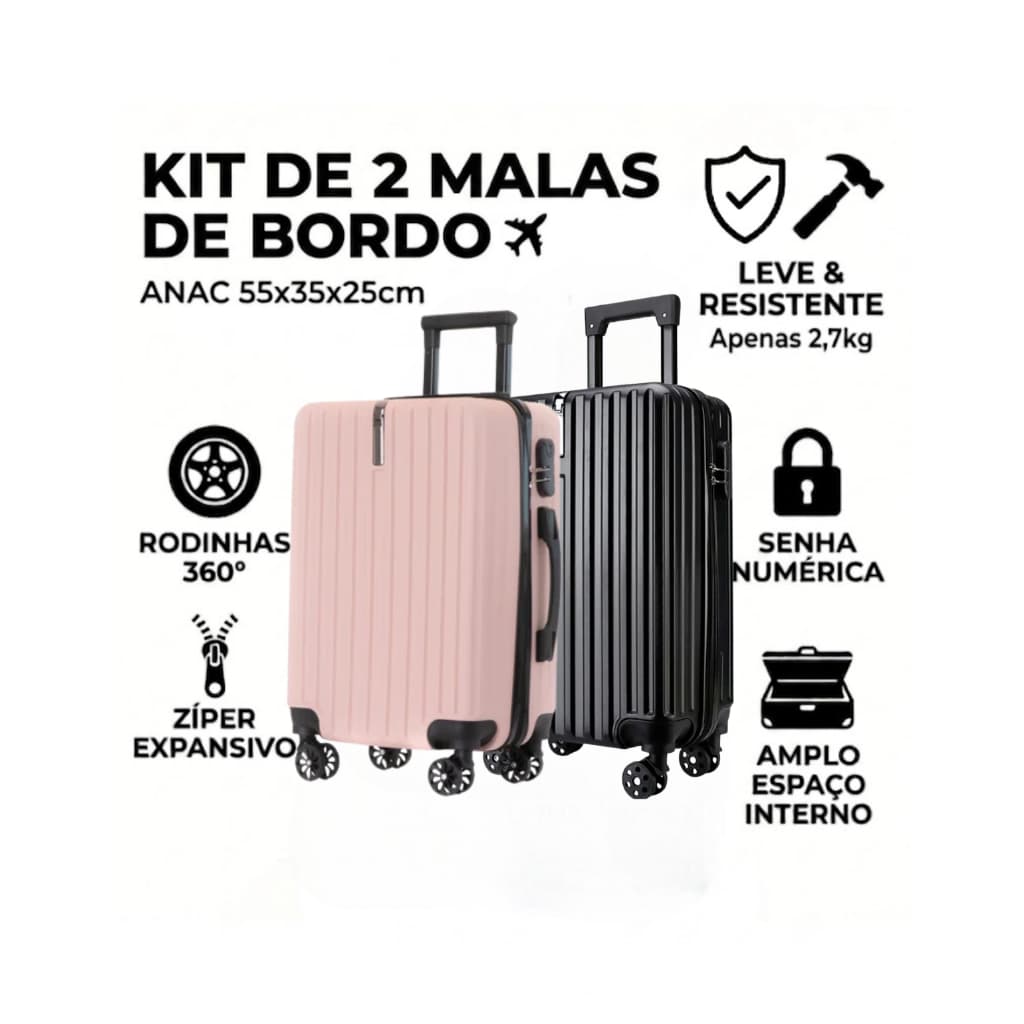Kit 2 Malas De Viagem Bordo 10kg Pequena Abs Rígida Rodinhas 360