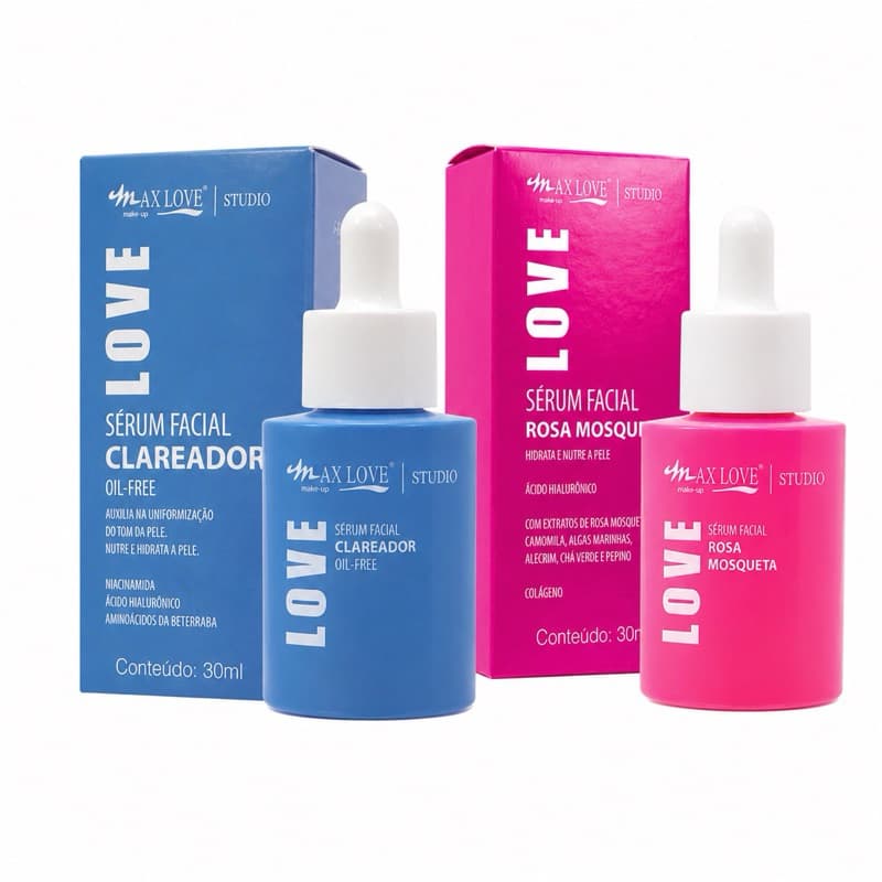 Kit Sérum Facial Max Love Clareador + Rosa Mosqueta 30ml | Ácido Hialurônico | Hidratante Facial | Uniformiza e Hidrata