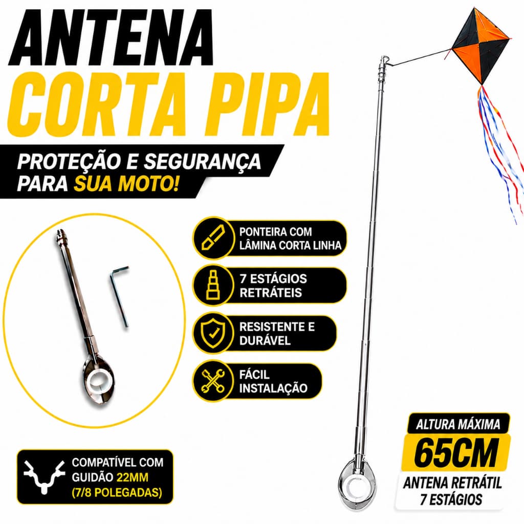 Antena Anti Cerol Moto Retrátil 7 Estágios Para Guidão 22mm Cromada Base Articulada Fácil Instalação