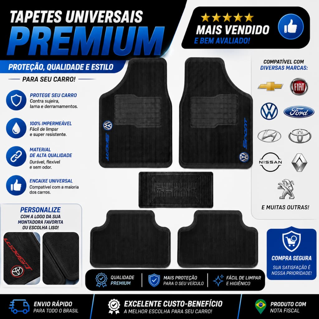 Kit Tapete Borracha Automotivo Universal 5 Peças Impermeável Proteção Completa para Carro/CARPETE PARA CARRO PERSONALIZA