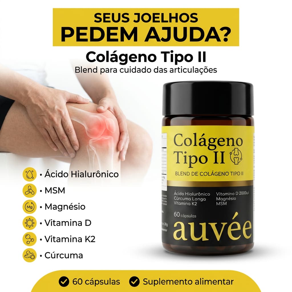 Dores Articulares | Colágeno Tipo 2 + MSM + Ácido Hialurônico + Magnésio + Vit K2 + Vit D 2000ui | 60 Cápsulas