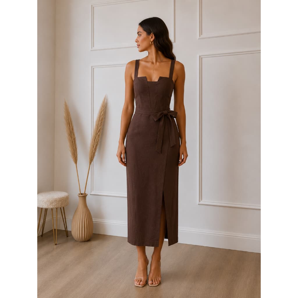 Vestido Feminino Midi Com Fenda E Decote Reto Ou Coração