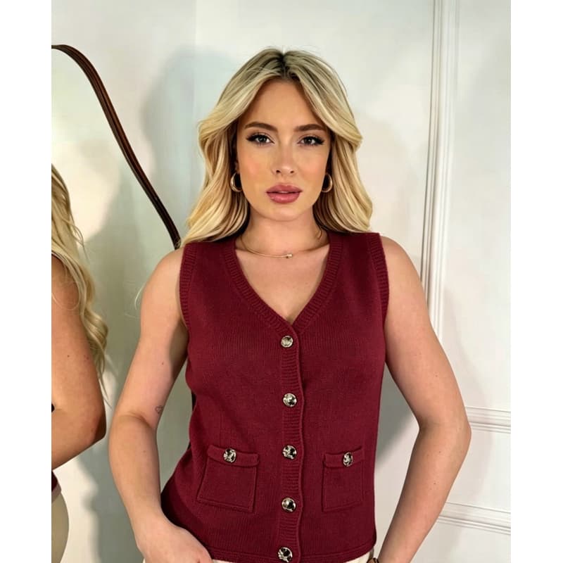 Colete Feminino Modal Tricot Premium Sem Mangas com Botõese Bolsos