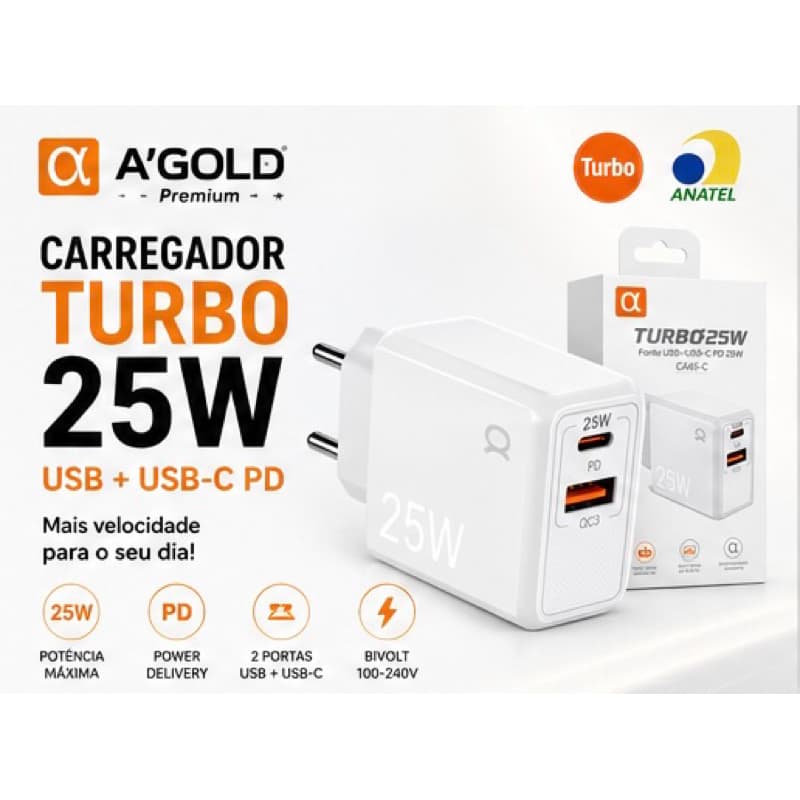 Fonte Carregador Turbo 25W USB + USB-C PD Bivolt Carregamento Rápido A’GOLD Premium