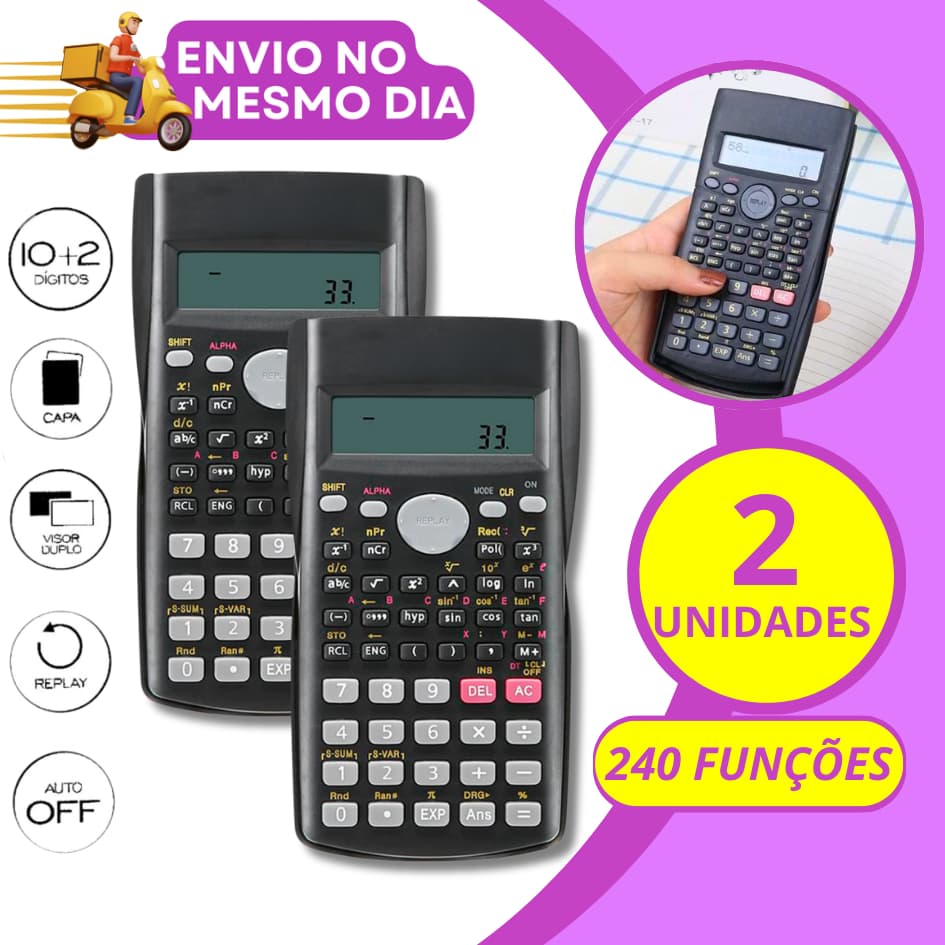 KIT 1/2 Calculadora Cientifica com Capa Protetora  240 Funções A Pilha Financeira Matemática Escolar Faculdade Trabalho