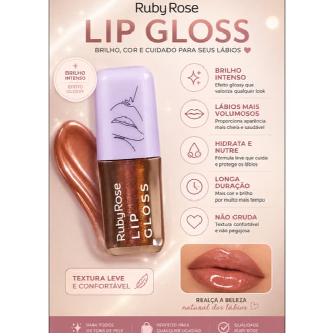 Gloss Ruby Rose 5ml com Glitter para Brilho Intenso Supernova