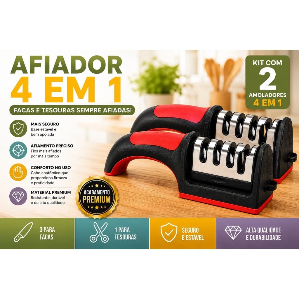 Kit 2 Afiadores de Facas Tesouras Cutelos Amolador Profissional 4 em 1 Afiação Base Antiderrapantes.