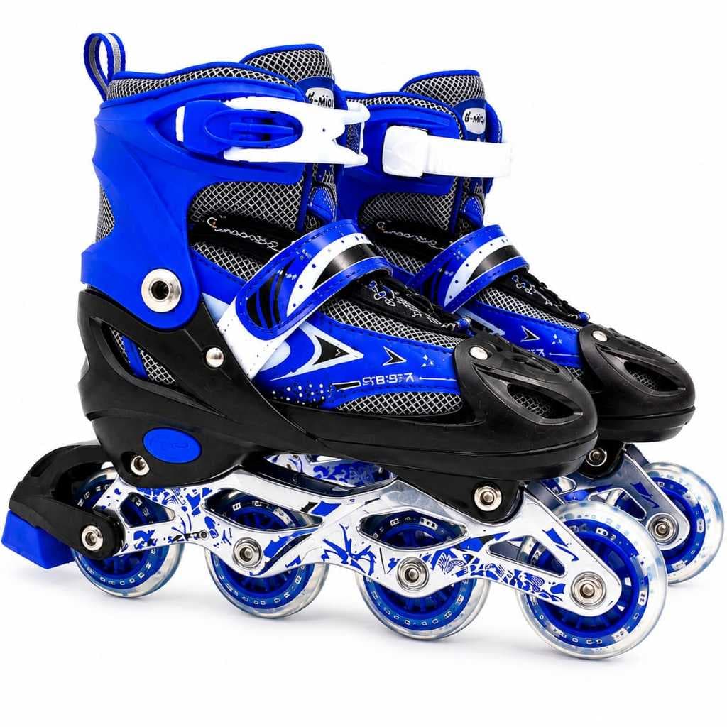 Patins Roller Infantil 4 Rodas  Inline Preto/Azul Com Led