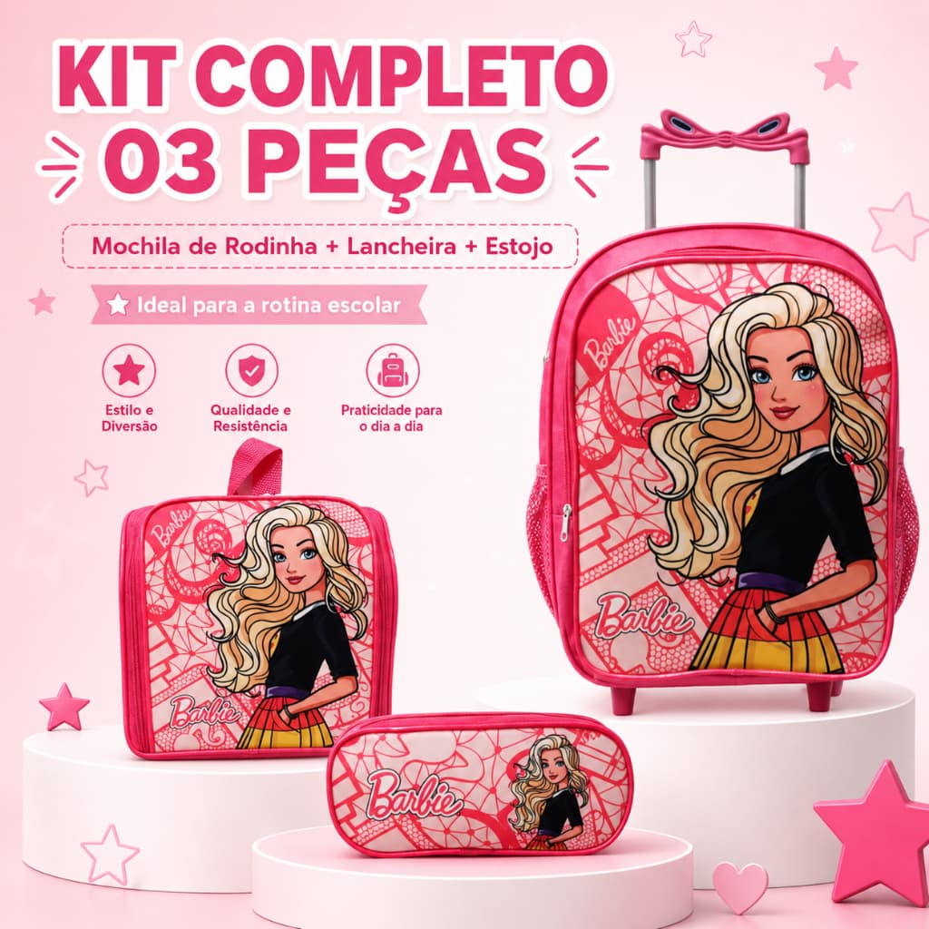 Kit Completo da Barbie Mochila Escolar de Rodinhas Reforçada+ Estojo Escolar+ Lancheira Térmica Rosa