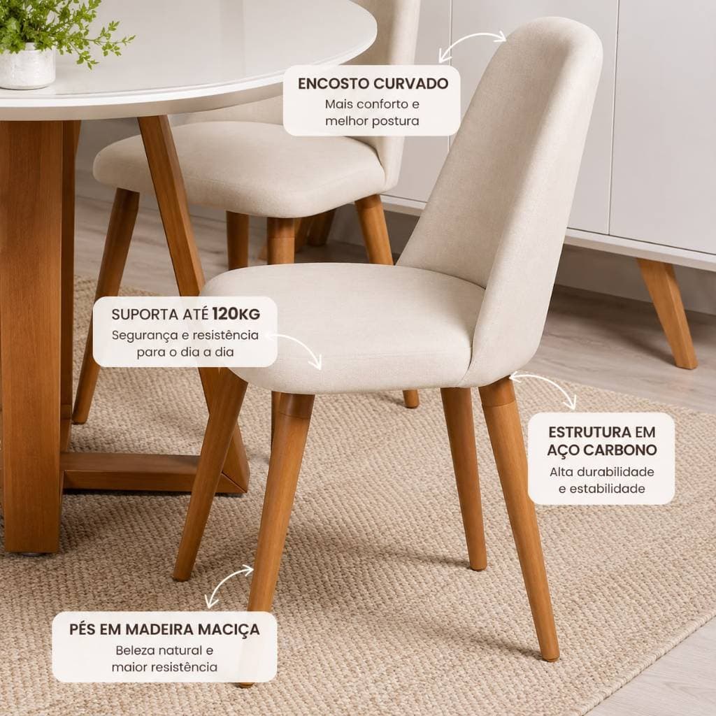 Kit 2 Cadeira de Jantar Estrutura Madeira Eucalipto Estofada Linho Sala de Estar Ergonômico Luxo Havai