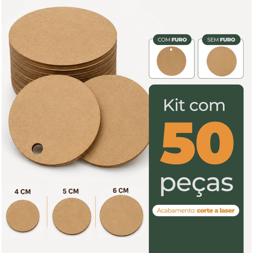 Kit 50 Círculos MDF Cru 3mm Redondo 4 / 5 / 6 cm Com Furo ou Sem Furo Para Artesanato Tags Chaveiros