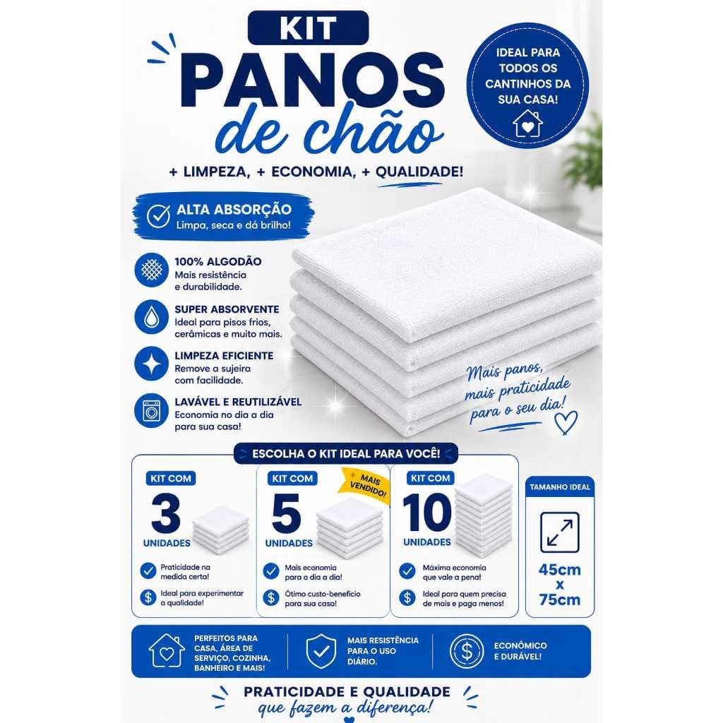 Kit de 3,5 e 10 Panos de Chão Branco