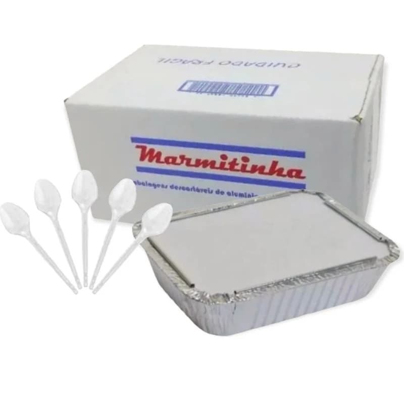 Kit Marmitinhas M90 Bandeja Alumínio Descartável+ Colher SOBREMESA p/ Doces Empadas - 100 Un