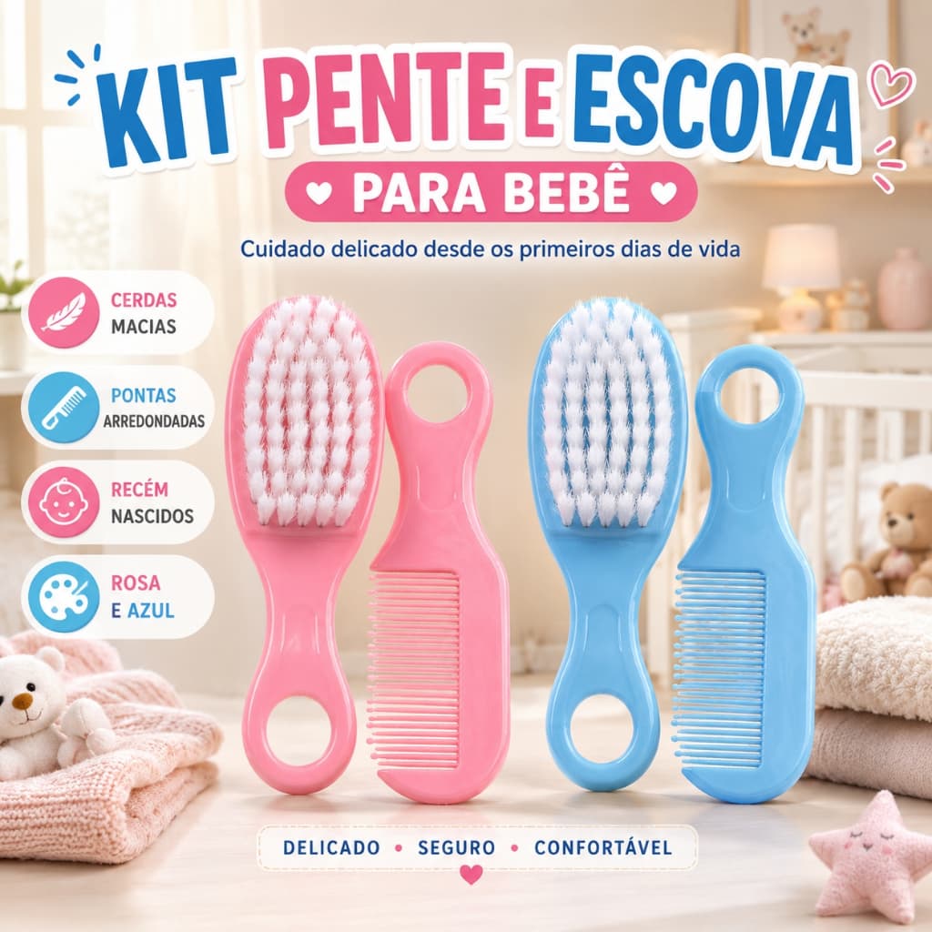 Kit Escova e Pente para Bebê Recém-Nascido Cerdas Macias Pontas Arredondadas Infantil
