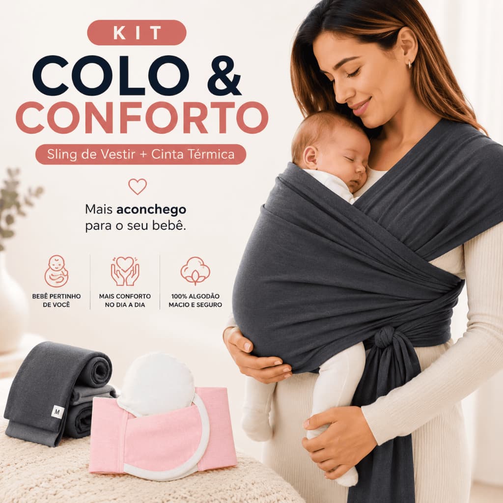 Kit Sling de Vestir + Cinta Térmica Anti Cólica para Bebê | 100% Algodão | Até 20kg