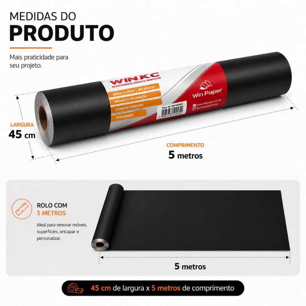 Papel Contact Adesivo Preto Fosco Lavável WinTac 45cm x 5m 80 Micras Para Móveis e Decoração Geladeira