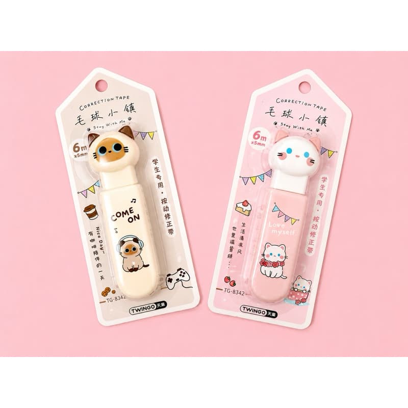 Fita Corretiva Gatinho Kawaii 6m – Corretivo em Fita Fofo para Escola e Escritório