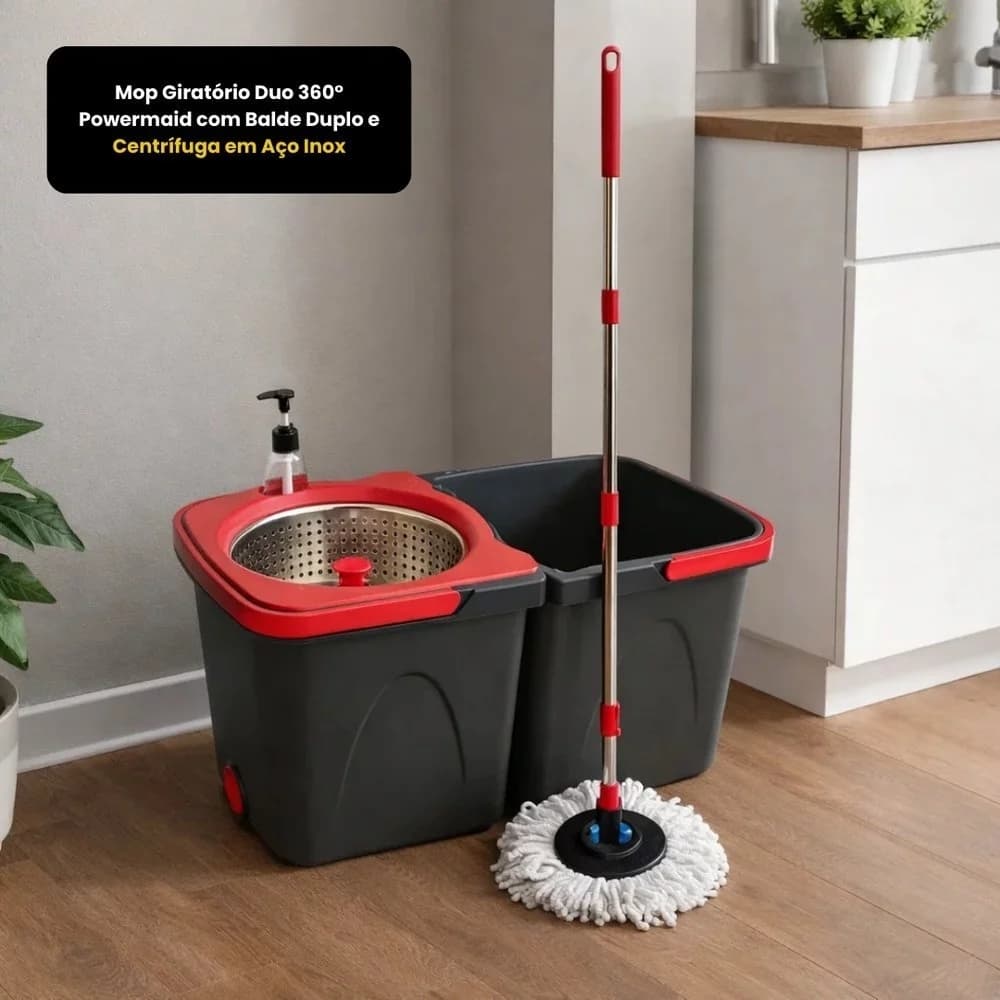 Mop Giratório 360° Com Balde Duplo Centrífuga Inox Limpeza Prática Casa Piso Sem Esforço