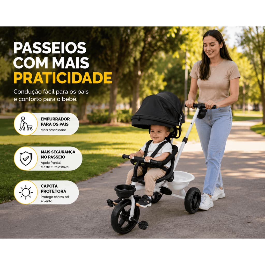 Triciclo Infantil Com Empurrador E Capota Comfort Branco Passeio Bebê 12 Meses Cesto Traseiro