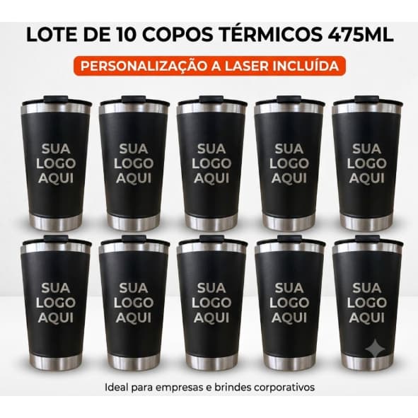 Kit com 10 Copos Térmicas 475ml em Inox Personalizados a Laser